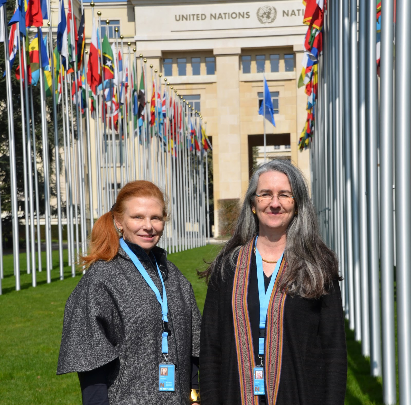 Greta Friedemann-Sánchez (right), Ph.D., associate professor in the U's Humphrey School of Public Affairs, and Peggy Grieve, J.D., graduate student in Humphrey’s Master of Public Affairs Program, outside of the Palace of Nations, home to the United Nation