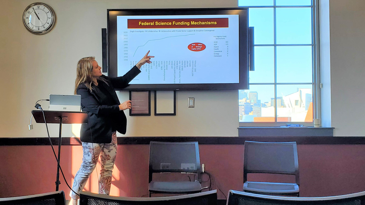 AVP Amy Kircher presenting a PowerPoint in a classroom