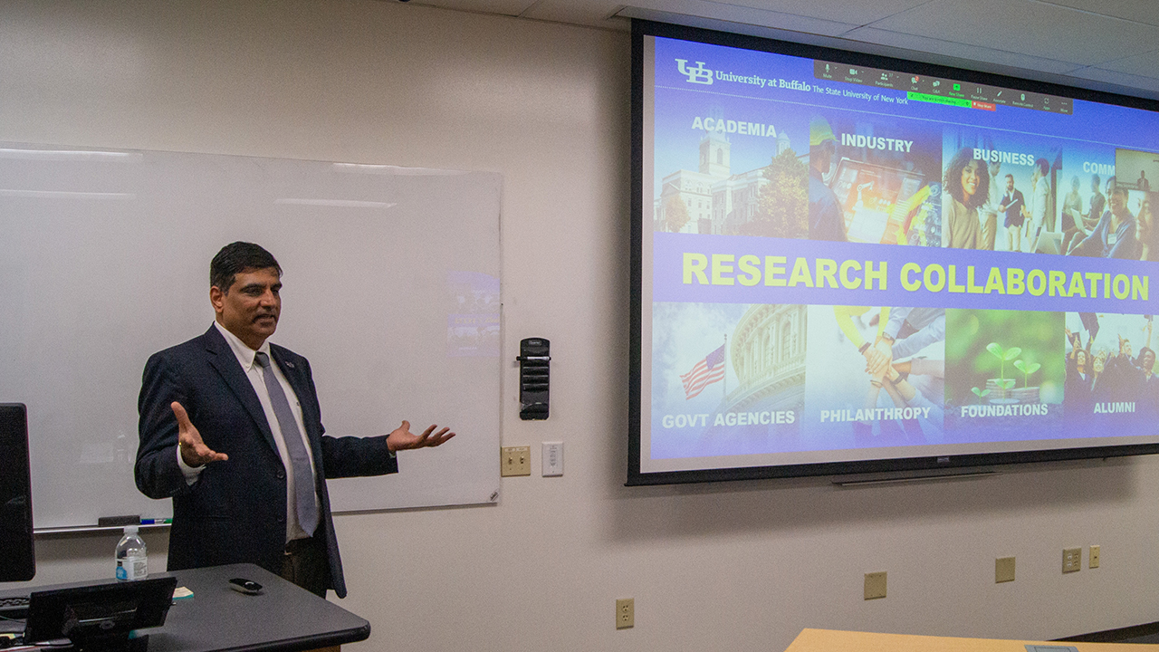 Venu Govindaraju giving a seminar on UB’s research enterprise