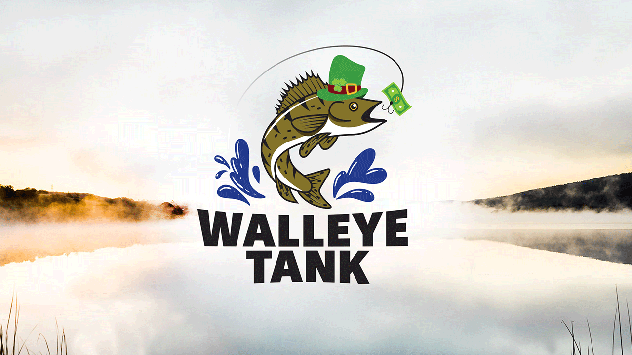 A cartoon walleye, wearing a leprechaun hat, appears to jump out of the water to bite on a dollar bill