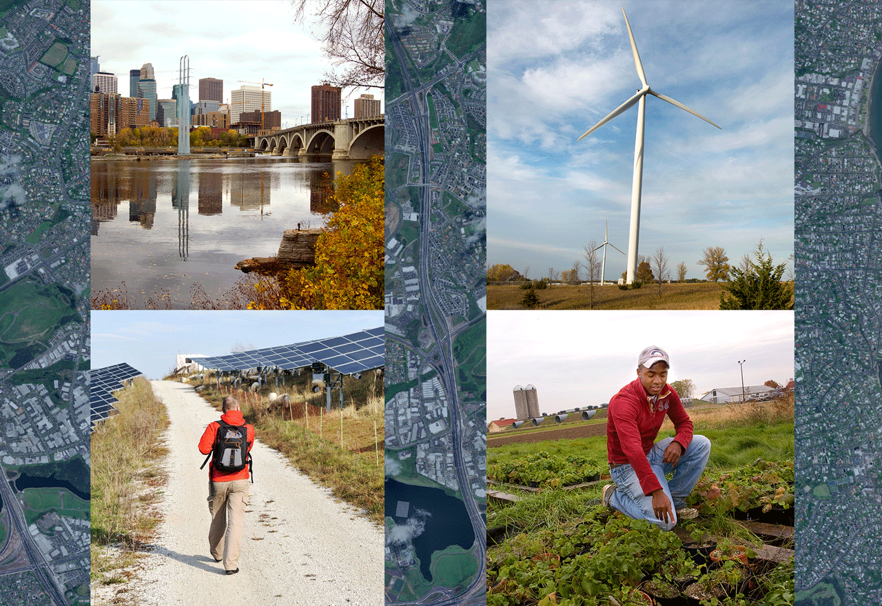 Four pictures: Minneapolis downtown and river, a wind turbine, a person walking on a path towards solar panels, a person kneeling in an agricultural feild