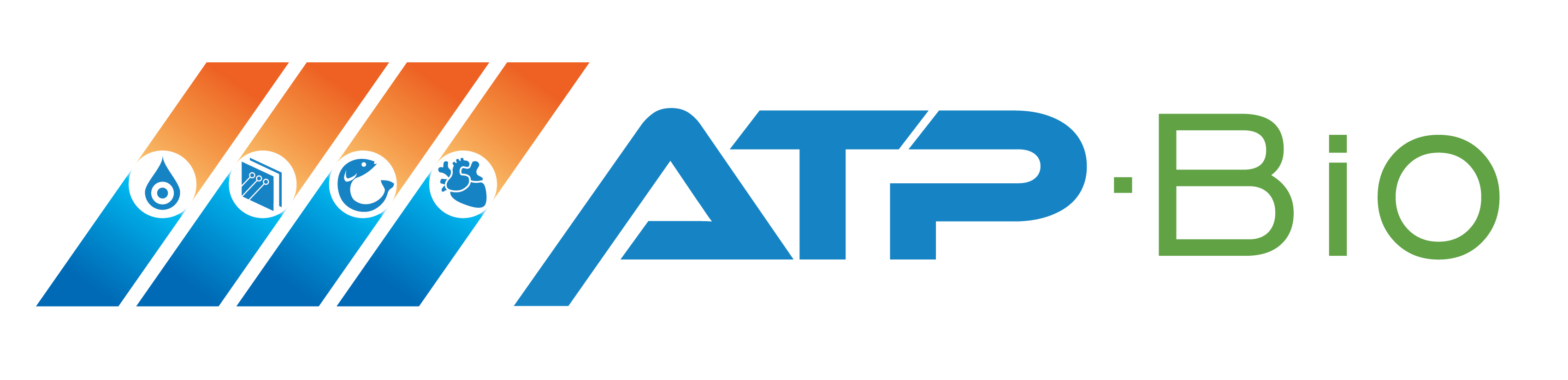 Company logo for ATP Bio: orange and blue slashes with blue icons intersecting colors; words ATP and Bio