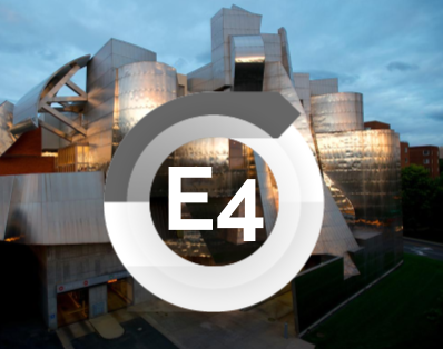 E4 in a circular design atop a picture of the Weismann Museum