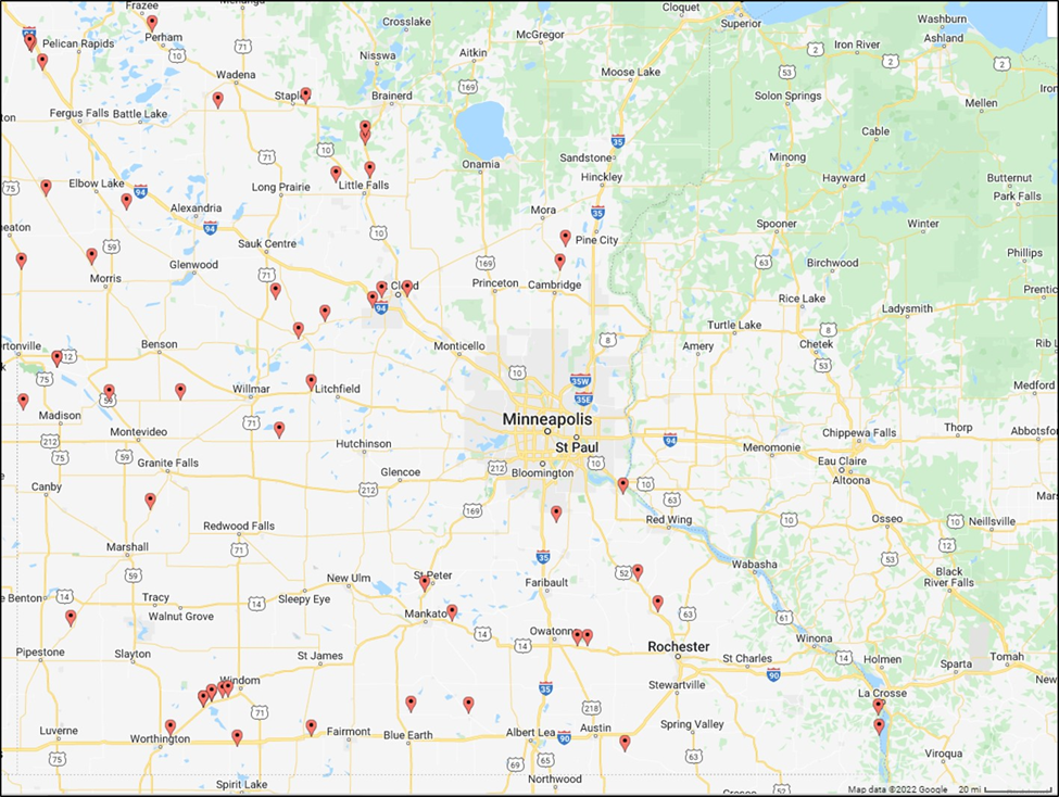  roadside survey sites depicted on Minnesota map