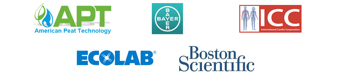 Company Logos: American Peat Technology, International Cardio Corporation, Bayer, Ecolab, Boston Scientific
