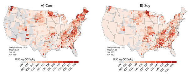  side-by-side maps of United States representing land use changes by corn and soy