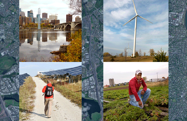 Four images of sustainable energy against an aerial shot of an urban area bordering a lake 