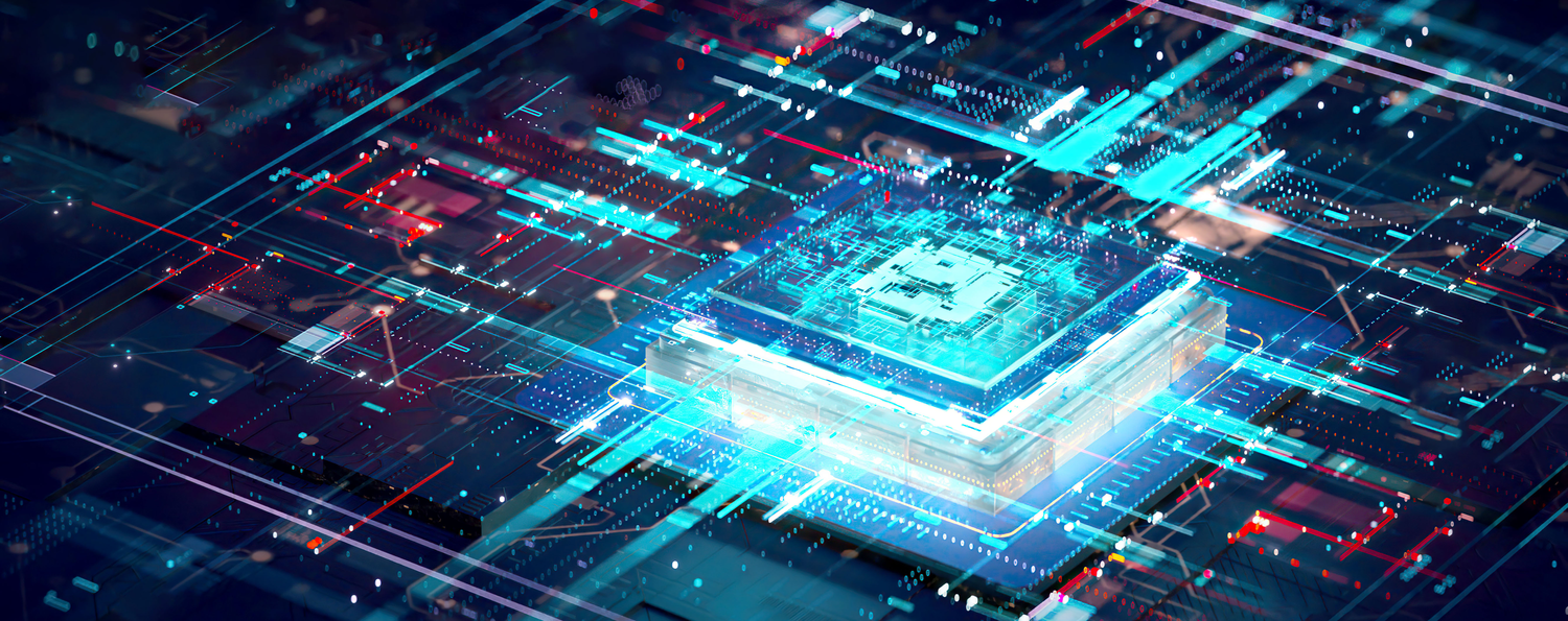 Close up of a microchip that appears to be illuminated