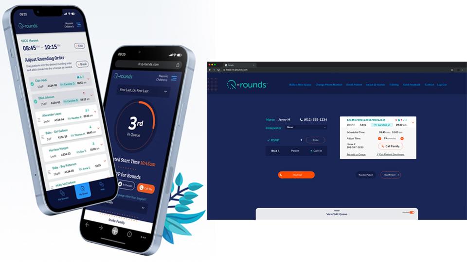 Two cell phones and a desktop displaying Q-Rounds software