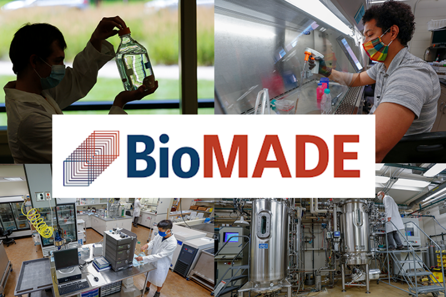 A collage of industrious research settings and researchers at work, as well as a BioMADE logo