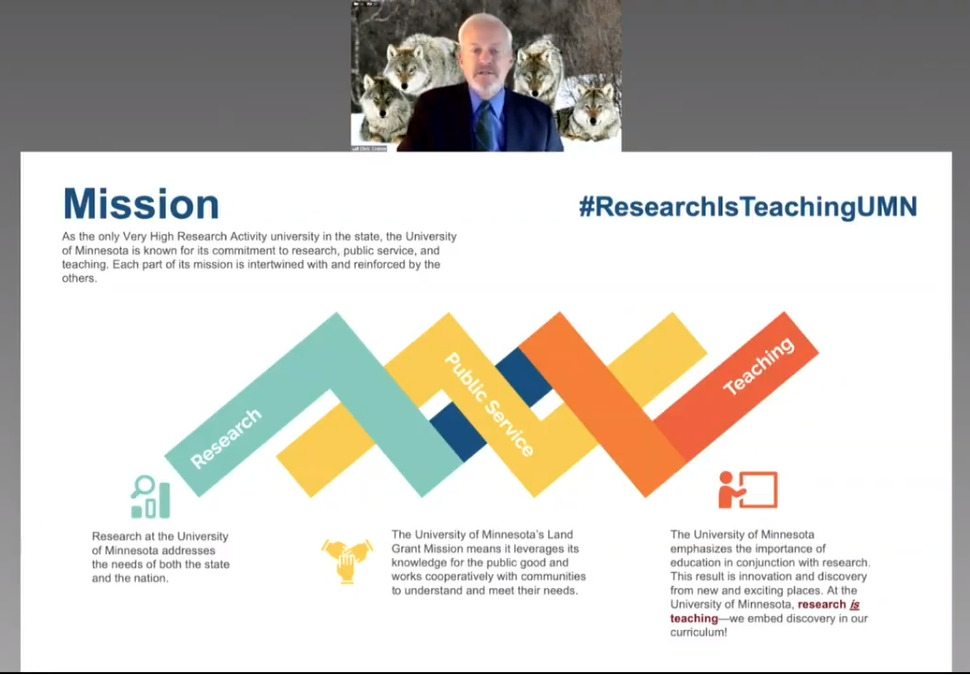 Screenshot of VPR Cramer presenting a slideshow on Zoom. Cramer's image is above a slide detailing the Mission of research, next to #researchisteachingmn and detailed visual representations of this mission.