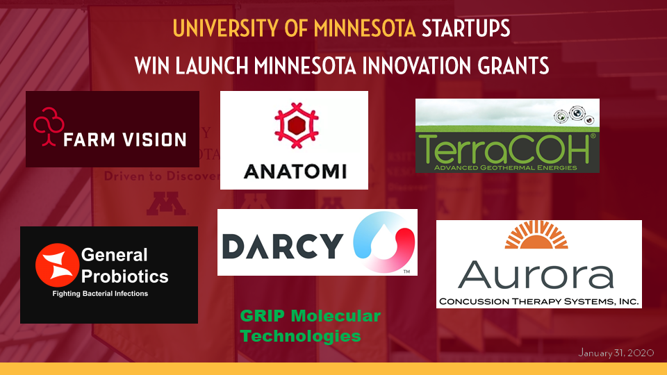 Logos representing UMN Startup winners of Launch Minnesota Innovation Grants: Farm Vision Technologies; Anatomi; TerraCOH; General Probiotics; Darcy Solutions; Aurora Concussion Therapy; GRIP Molecular Technologies