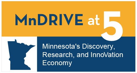blue and yellow graphic with an outline of the state of Minnesota: MnDRIVE; Minnesota’s Discovery, Research and InnoVation Economy