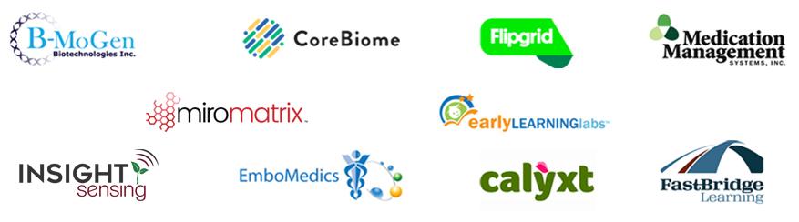 Company Logos for: Core Biome; Fast Bridge Learning; Flipgrid; Medication Management Systems, inc.; EmboMedics; B-MoGen Biotechnologies Inc.; Early Learning Labs; Calyxt, Miromatrix..
