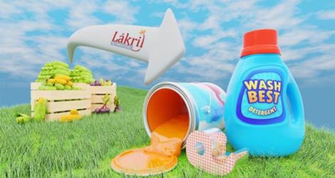 Illustration of an arrow pointing from a crate of produce to a spilt bucket with liquid pouring out, a "wash best" generic bottle of laundry detergent, and a roll of tape