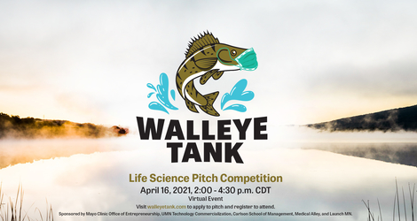 Walleye Tank: Life Science Pitch Competition (including event details). Image is of a lake scene with an illustrated walleye jumping out of the water wearing a mask