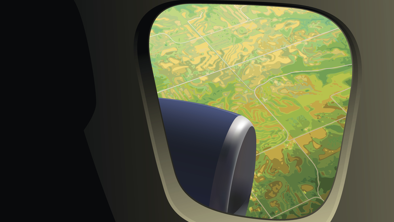 Illustration of the view out of a plane window