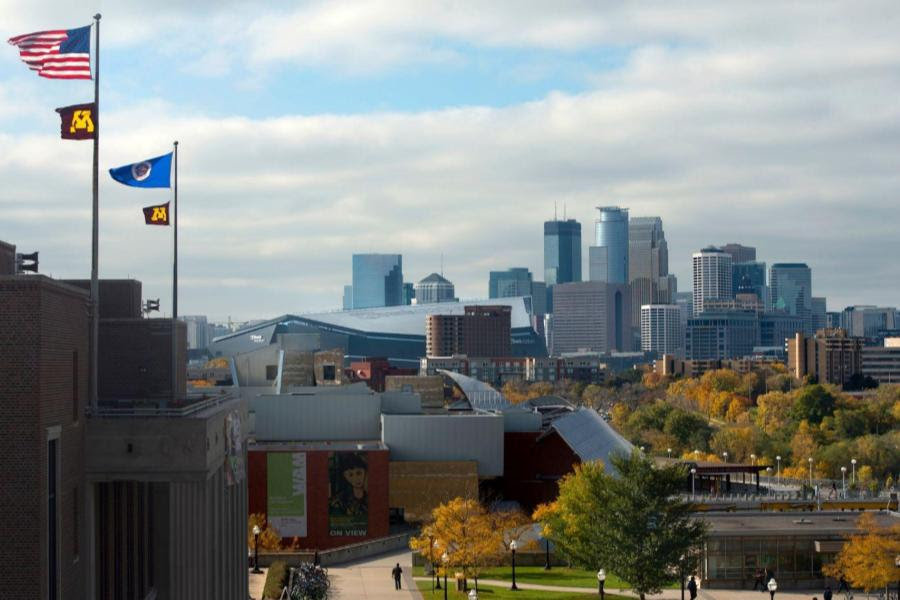 Campus skyline with flags flying
